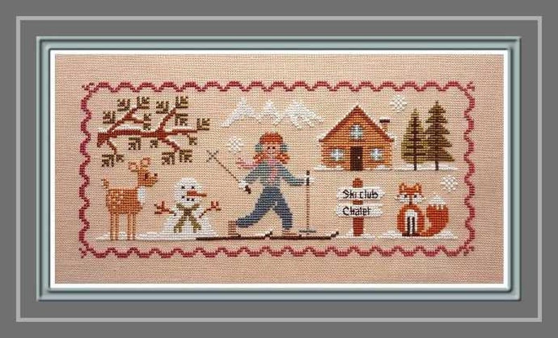 Lili Skiing, counted cross stitch chart. Snowman, reindeer, ski chalet, skiing scene trees, mountains. image 1