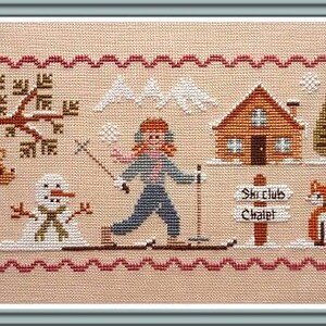 Lili Skiing, counted cross stitch chart. Snowman, reindeer, ski chalet, skiing scene trees, mountains. image 5