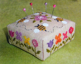 Flower Border Pincushion – printed counted cross stitch chart. Square Pincushion pattern.