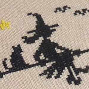 May include: Black and white cross-stitch pattern of a witch flying on a broomstick with a black cat sitting beside her. A yellow star is in the upper left corner of the image.