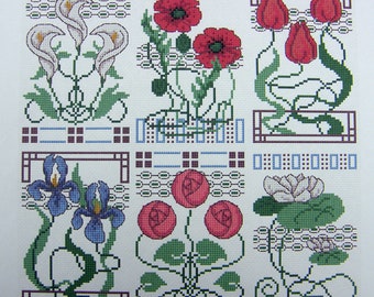 6 Art Nouveau Flower Motif counted cross stitch charts.