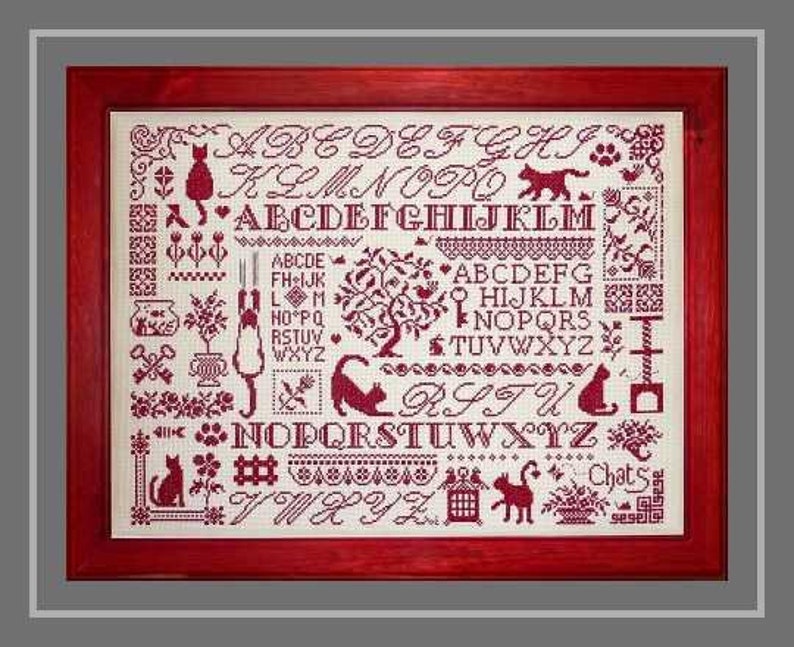 Cats Sampler counted cross stitch chart to work in 8 colours or monochrome. image 6