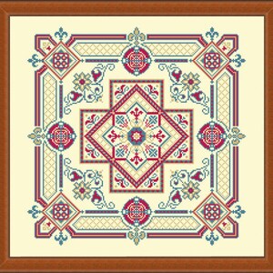 El placer del rey, esquema de punto de cruz contado. Diseñado para 3 colores de hilo DMC. Muestreador geométrico. Muestra inspirada en marquetería.