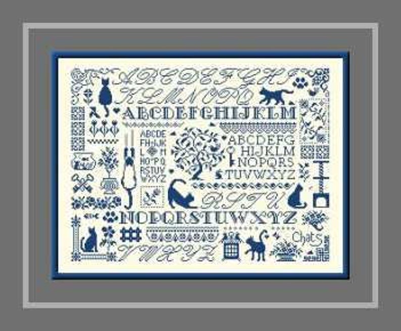 Cats Sampler counted cross stitch chart to work in 8 colours or monochrome. image 5