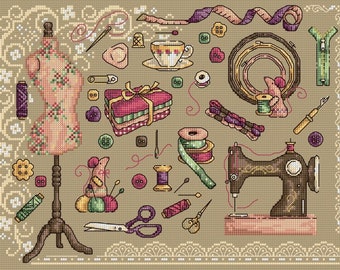 Sewing Sampler counted cross stitch chart.