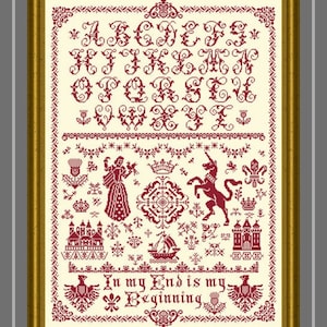 Mary Queen of Scots Sampler, printed Cross Stitch Chart. Monochrome Alphabet Sampler.  Medieval Motifs.