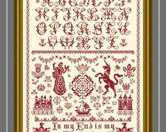 Mary Queen of Scots Sampler, printed Cross Stitch Chart. Monochrome Alphabet Sampler.  Medieval Motifs.