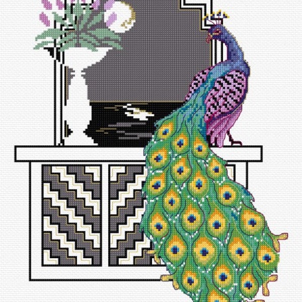 Peacock Art Deco style – counted cross stitch chart.