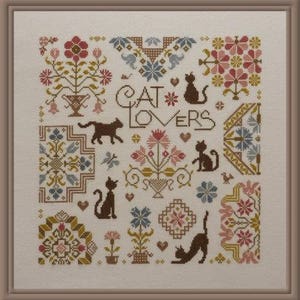 Cat Lovers counted cross stitch chart. Quaker cat design.