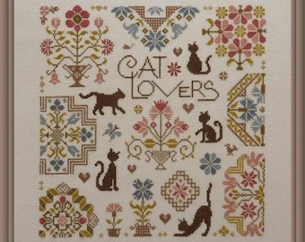 Cat Lovers counted cross stitch chart. Quaker cat design.