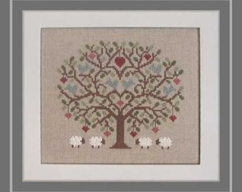 Birds in the Trees – counted cross stitch chart. Pretty picture with birds, sheep and tree.