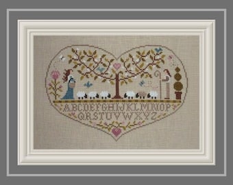 Love is Where the Shepherd is counted cross stitch chart. Heart shape design.