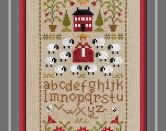 Sheep ABC Sampler counted cross stitch chart.