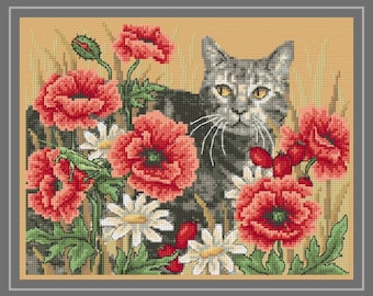 Autumn Cat design, counted cross stitch chart.