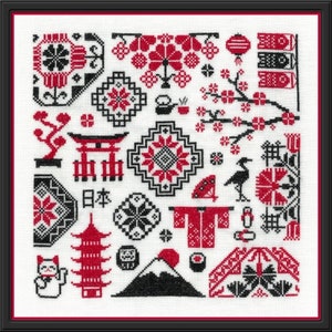 Quaker Japan counted cross stitch chart. Chart to work in red and black DMC thread. Japanese Quaker Design.