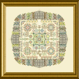 May include: A colorful cross-stitch pattern with a central square surrounded by a circular border. The pattern features a variety of geometric shapes, including squares, circles, and triangles, in shades of green, blue, yellow, and red.