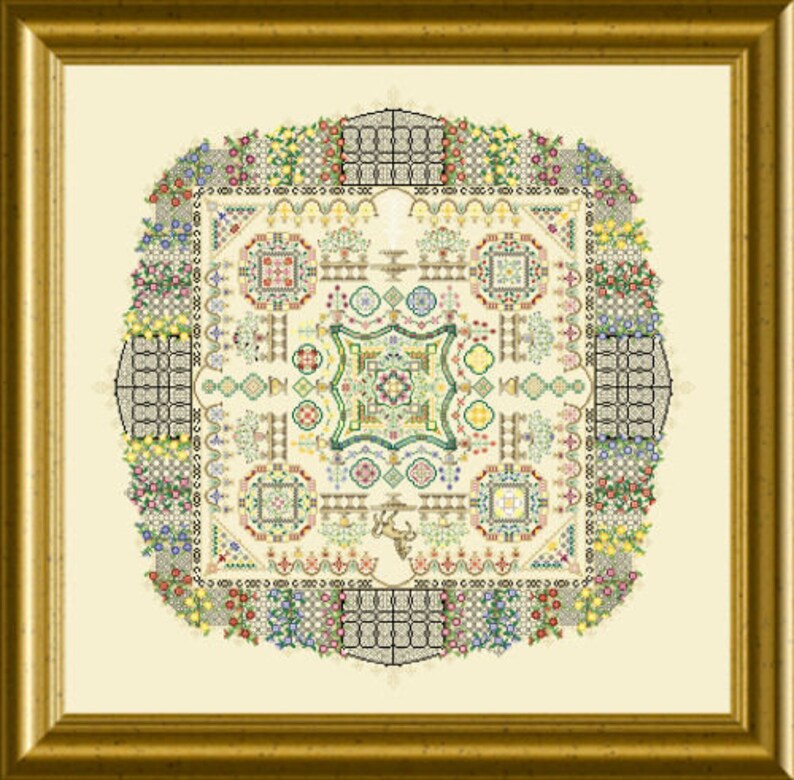 May include: A colorful cross-stitch pattern with a central square surrounded by a circular border. The pattern features a variety of geometric shapes, including squares, circles, and triangles, in shades of green, blue, yellow, and red.