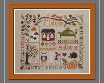 Autumn Sampler – counted cross stitch chart to work in 10 colours of DMC thread.  Autumn motifs and European words.