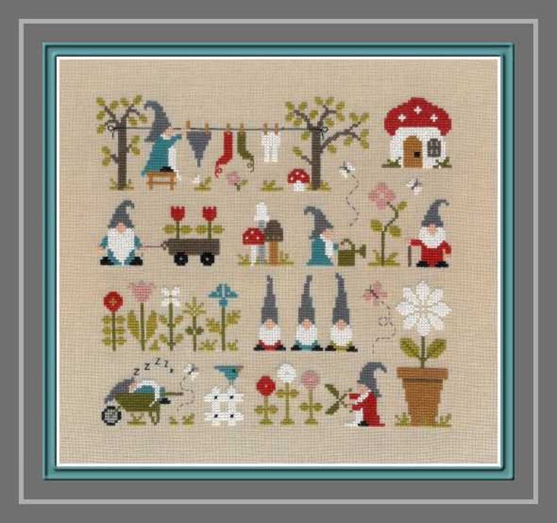 Garden of Gnomes counted cross stitch chart. image 1