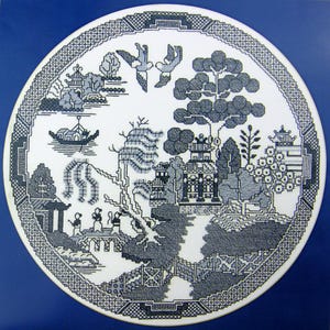 Willow Pattern counted cross stitch chart. Traditional Willow Pattern motifs in this circular design Cross Stitch chart.