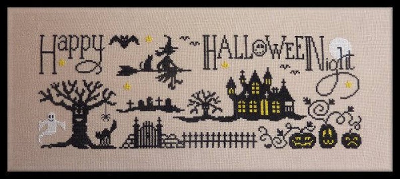 May include: Cross stitch pattern featuring a spooky Halloween scene with a witch flying on a broomstick, a haunted house, a graveyard, and the text "Happy Halloween Night".