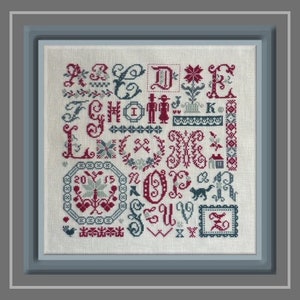 Alphabet and Quaker Sampler, red and blue colours of famous French porcelain Digoin–counted cross stitch chart to work in 4 colours of DMC