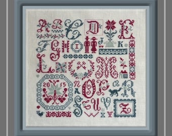 Alphabet and Quaker Sampler, red and blue colours of famous French porcelain Digoin–counted cross stitch chart to work in 4 colours of DMC