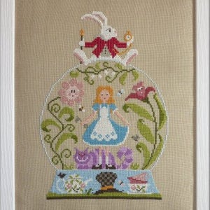 Alice in Wonderland Snow Globe design counted cross stitch chart.
