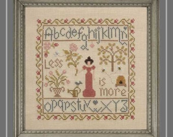 Less is More, counted cross stitch chart. ABC Sampler with elegant lady in her garden.