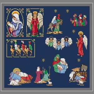 Collection Nativité, Crèche de Noël au point de croix, 11 motifs pour réaliser des cartes ou des décorations.