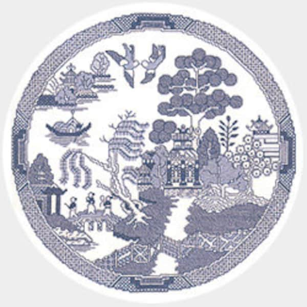 Willow Pattern counted cross stitch chart. Traditional Willow Pattern motifs in this circular design Cross Stitch chart.