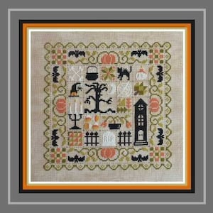 Patchwork Halloween – counted cross stitch chart, halloween theme patchwork style design to stitch.