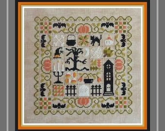 Patchwork Halloween – counted cross stitch chart, halloween theme patchwork style design to stitch.