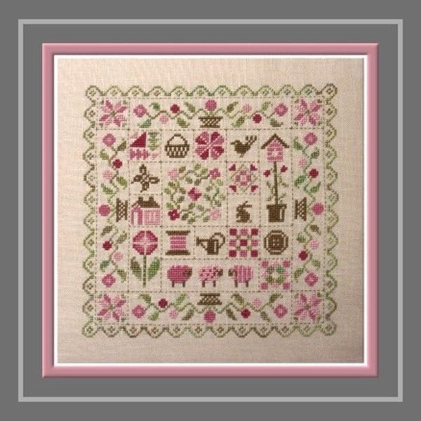 Patchwork Spring – printed counted cross stitch chart. Traditional style patchwork and flower motifs.