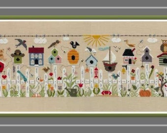 12 Seasonal Nestboxes Sampler counted cross stitch chart with a different nestbox representing each month.