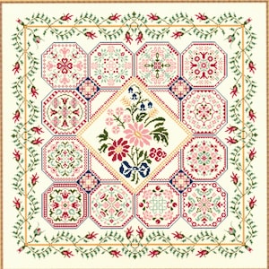 Grille Patch de Fleurs à réaliser en point de croix avec 6 couleurs. Grille et légende en français ou anglais.