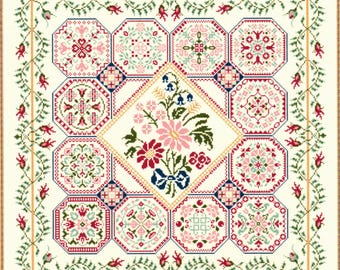 Flower Patch Sampler, counted cross stitch chart. Floral Patchwork Inspired Sampler.