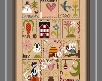 Months of the Year Sampler in English or French counted cross stitch chart with a different motif for each month.