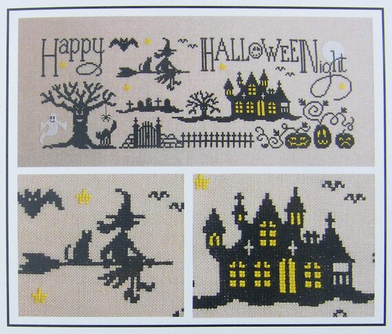 Happy Halloween Night Cross Stitch Chart: Black, Yellow, White Thread