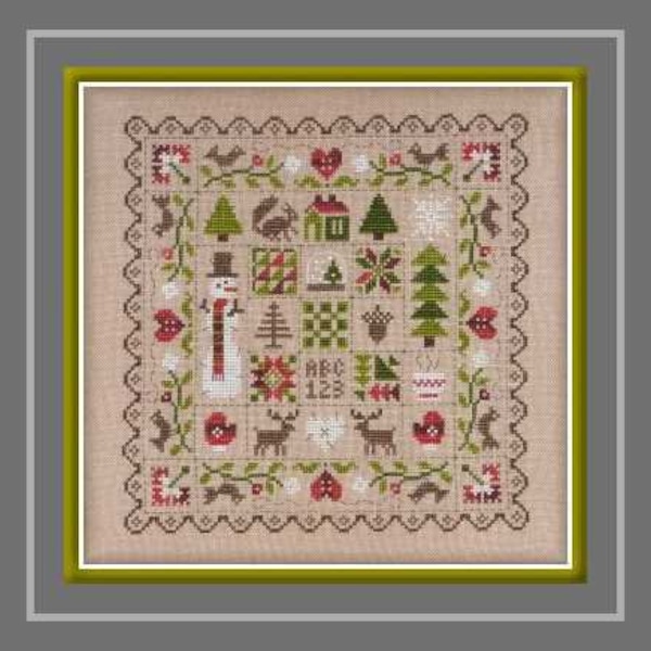 Patchwork Winter – counted cross stitch chart to work in 7 colours of DMC thread. Traditional style patchwork and flower motifs are used.