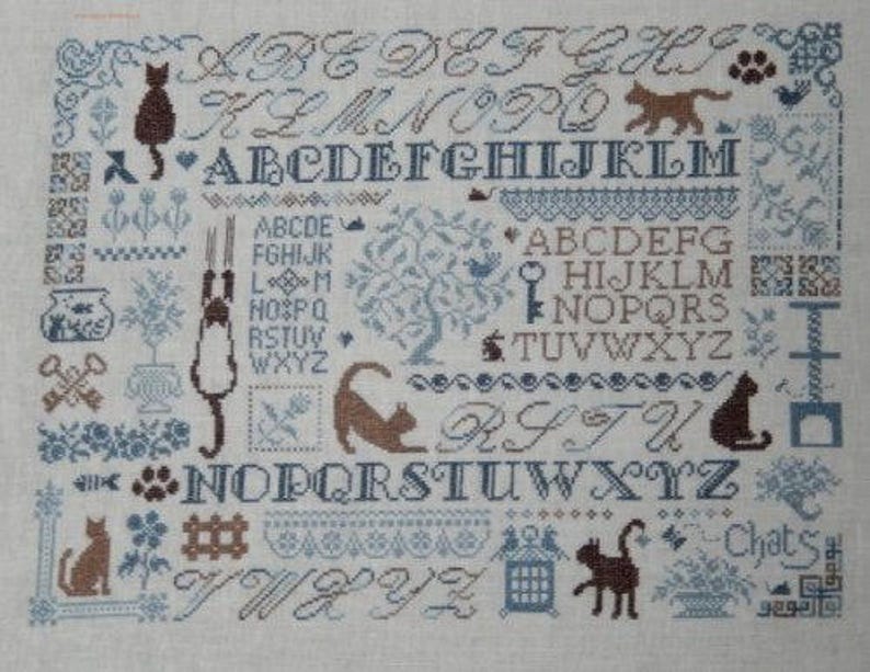 Cats Sampler counted cross stitch chart to work in 8 colours or monochrome. image 9