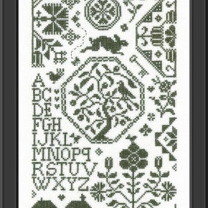 Spring Quaker Sampler counted cross stitch chart to work in monochrome or hand dyed thread. ABC Sampler. Quaker motifs. Alphabet Sampler. image 7