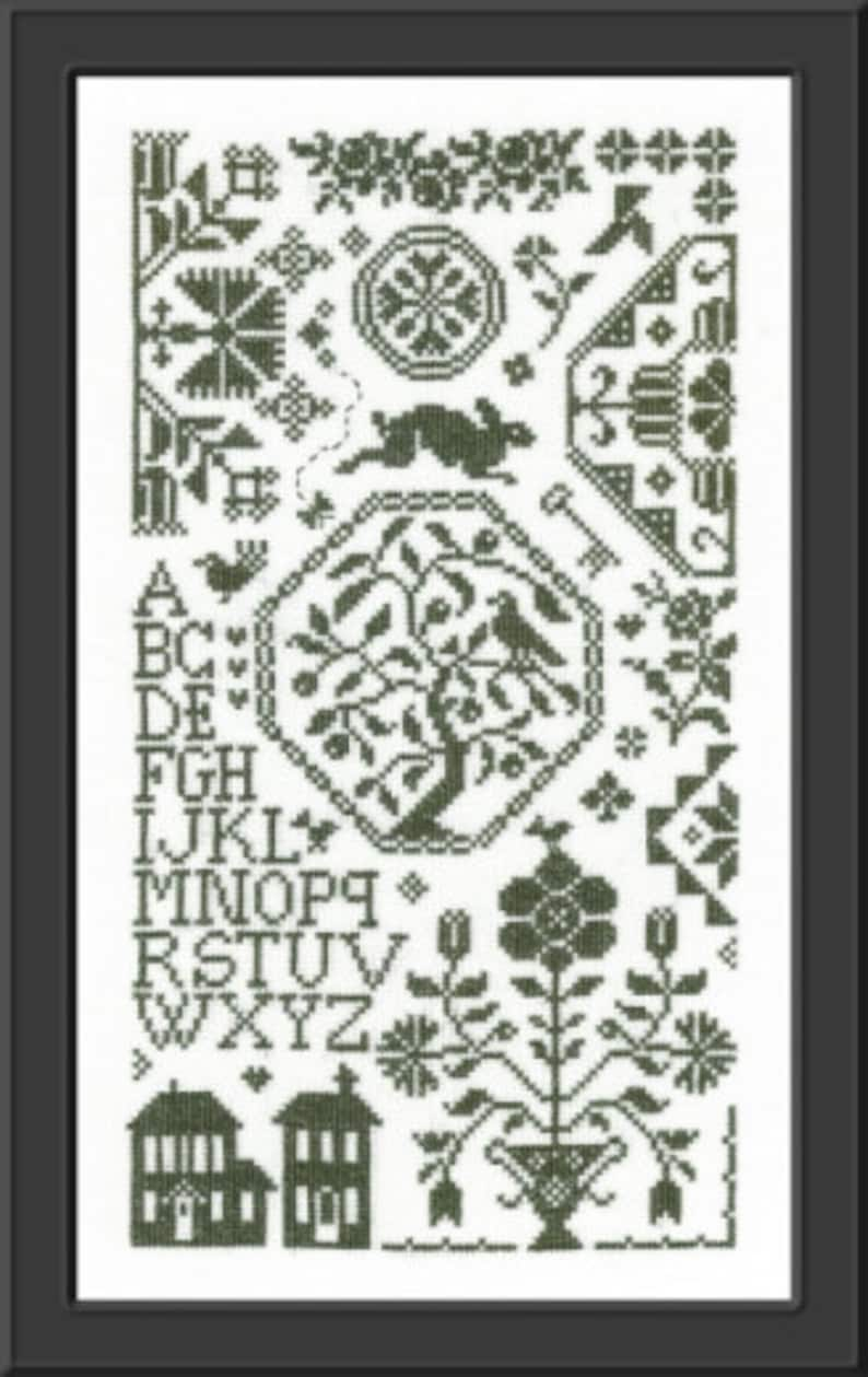 Spring Quaker Sampler counted cross stitch chart to work in monochrome or hand dyed thread. ABC Sampler. Quaker motifs. Alphabet Sampler. image 7