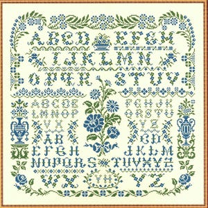 Floralie, ABC Sampler, getelde kruissteekkaart.
