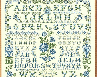 Floralie, ABC Sampler, counted cross stitch chart.