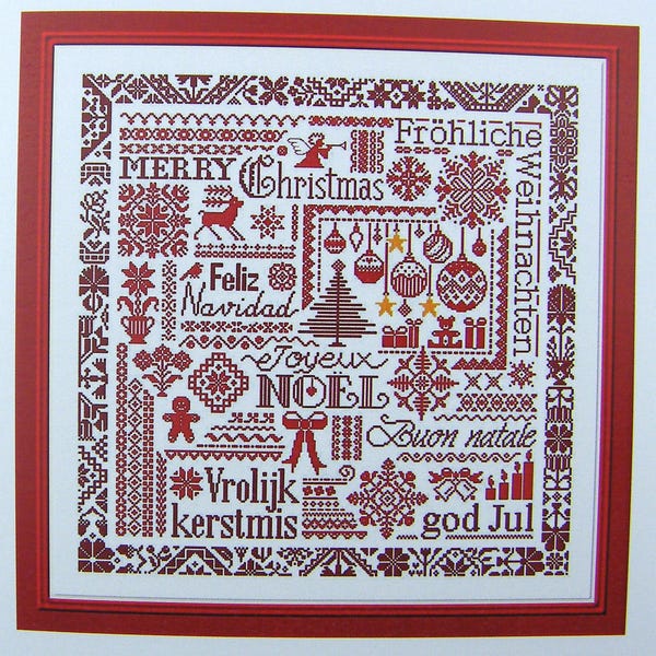 Red Christmas Sampler: European Words Counted Cross Stitch Chart
