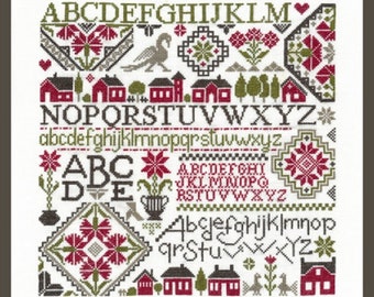 Heritage ABC Quaker Sampler counted cross stitch chart to work in 4 colours of thread. 2 versions given. ABC Sampler. Quaker motifs.