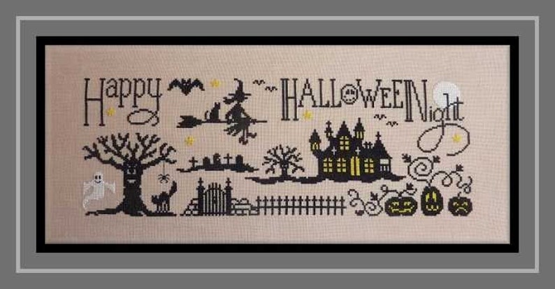 May include: A black and white cross-stitch pattern featuring a spooky Halloween scene with a witch flying on a broomstick, a haunted house, a ghost, a tree, and pumpkins. The text "Happy Halloween Night" is stitched in black.