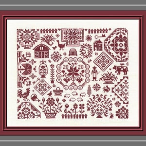 Schema punto croce Farm Quaker. Design quacchero in bianco e nero.