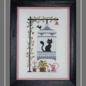 Cat in a Bird Cage counted cross stitch chart. Cheeky Cat who thinks he's a bird!